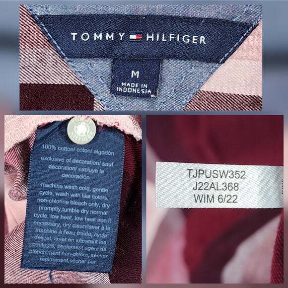 Tommy Hilfiger Button Up Shirt sz M Women Buffalo Plaid Red Purple Pink Roll Tab - Picture 3 of 12